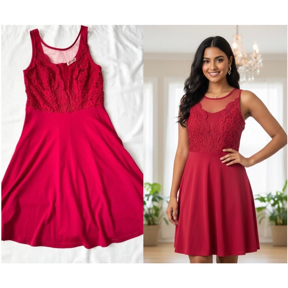 Grace Karin Red Lace Cocktail Dress Mesh Neckline Medium